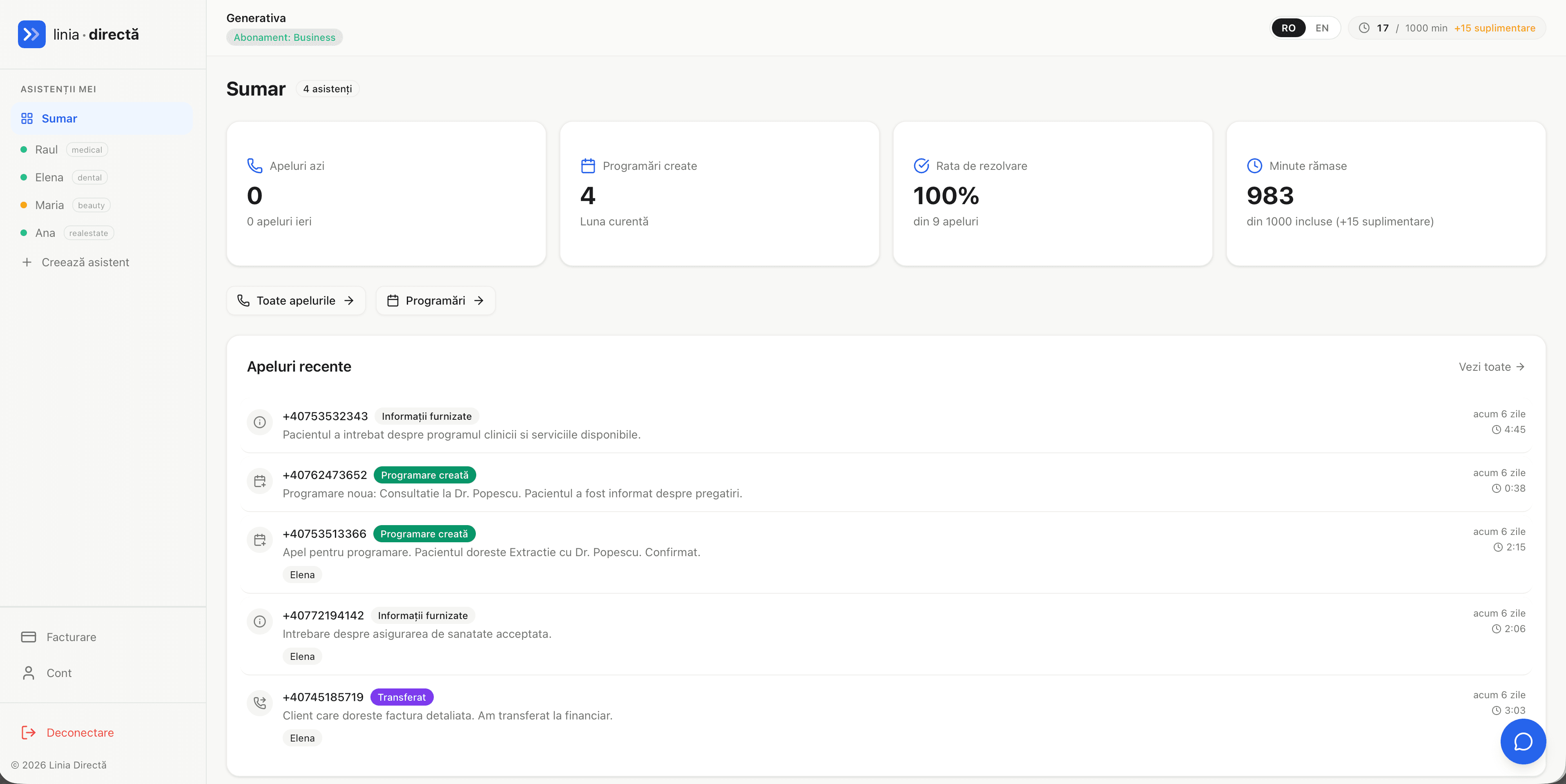 Dashboard Linia Directă - apeluri, programări și statistici în timp real