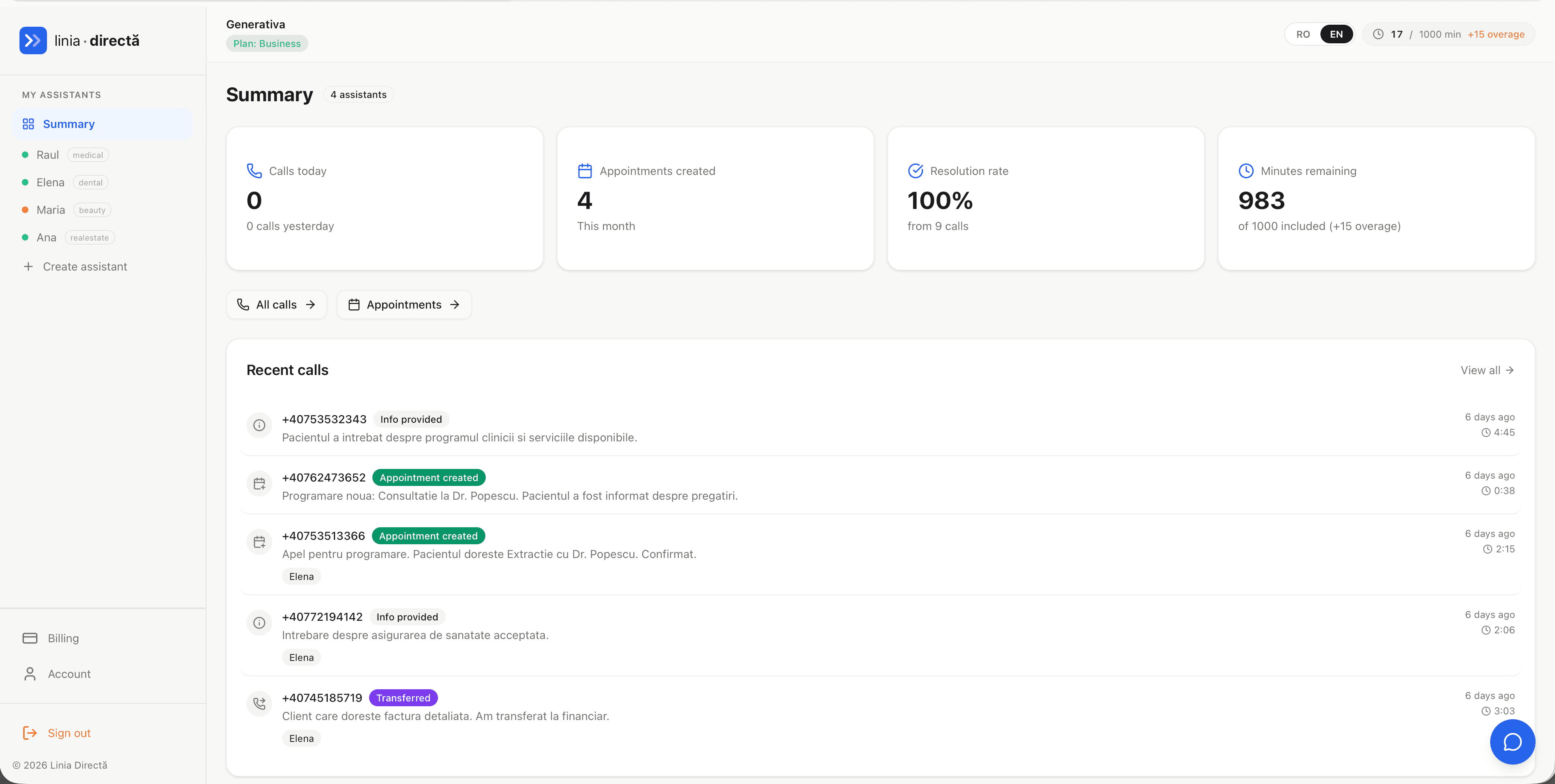 Linia Directă Dashboard: calls, appointments, and real-time analytics